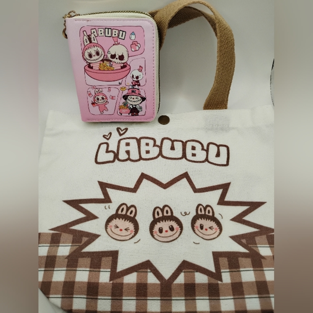 🆕LABUBU White Canvas Tote with Brown Graphic Print (8"H×8"L)